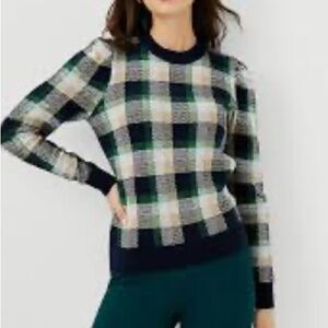 Ann Taylor Plaid Crew Neck Sweater - Black, Green, Cream
